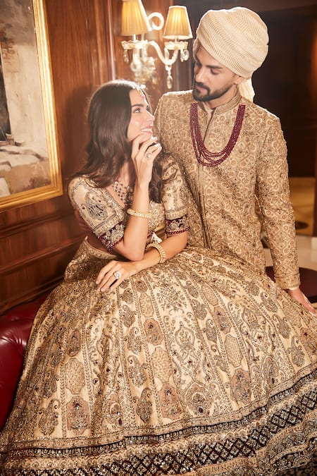Shop_Roqa_Gold Silk, Net Embroidery, Zari, Sequins V-neck Mahran Bridal Lehenga Set_Online_at_Aza_Fashions