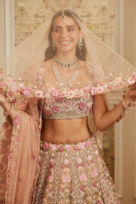 Shop_Roqa_Pink Net Embroidery, Sequins, Stones, Pearls, Beads Ameera Bridal Lehenga Set _Online_at_Aza_Fashions