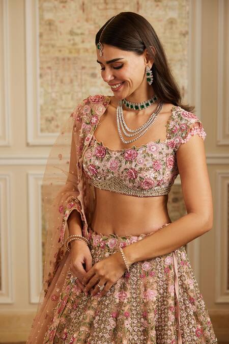 Roqa_Pink Net Embroidery, Sequins, Stones, Pearls, Beads Ameera Bridal Lehenga Set _at_Aza_Fashions