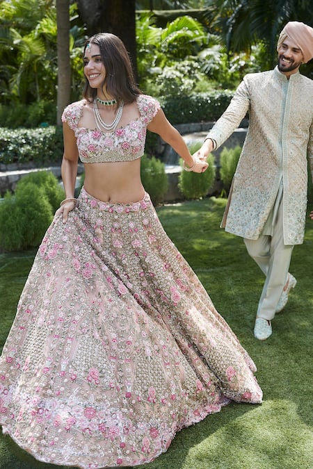 Buy_Roqa_Pink Net Embroidery, Sequins, Stones, Pearls, Beads Ameera Bridal Lehenga Set 
