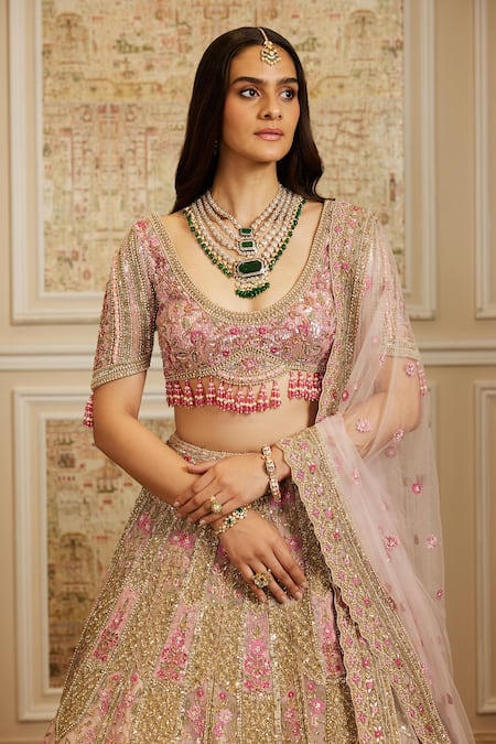 Buy_Roqa_Pink Net Sequins, Embroidery, Stones, Beads, Zari, Jazira Bridal Lehenga Set _Online_at_Aza_Fashions