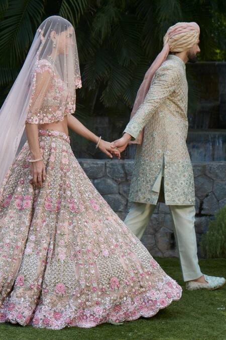 Shop_Roqa_Pink Net Sequins, Embroidery, Stones, Beads, Zari, Jazira Bridal Lehenga Set _Online_at_Aza_Fashions