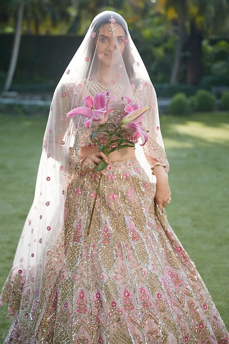 Roqa_Pink Net Sequins, Embroidery, Stones, Beads, Zari, Jazira Bridal Lehenga Set _at_Aza_Fashions