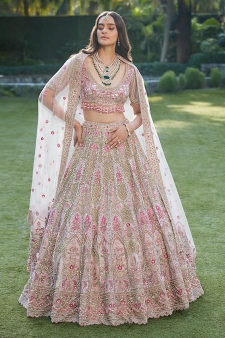 Buy_Roqa_Pink Net Sequins, Embroidery, Stones, Beads, Zari, Jazira Bridal Lehenga Set 