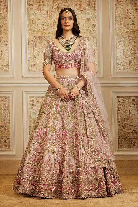 Shop_Roqa_Pink Net Sequins, Embroidery, Stones, Beads, Zari, Jazira Bridal Lehenga Set 