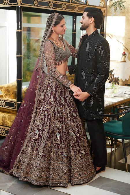 Shop_Roqa_Wine Organza, Net Embroidery, Sequins, Pearls, Shahira Plum Bridal Lehenga Set _Online_at_Aza_Fashions