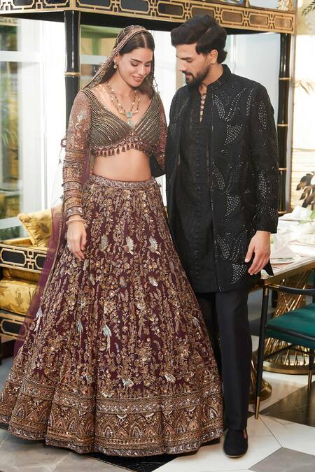 Roqa_Wine Organza, Net Embroidery, Sequins, Pearls, Shahira Plum Bridal Lehenga Set _at_Aza_Fashions