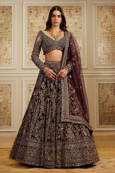 Roqa Wine Organza, Net Embroidery, Sequins, Pearls, Shahira Plum Bridal Lehenga Set 