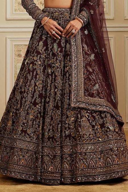 Buy_Roqa_Wine Organza, Net Embroidery, Sequins, Pearls, Shahira Plum Bridal Lehenga Set 