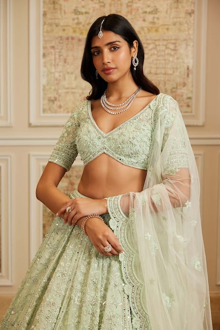Roqa Green Net Embroidery, Sequins, Beads V-neck Tajira Sea Bridal Lehenga Set Online at Aza Fashions Roqa_Green Net Embroidery, Sequins, Beads V-neck Tajira Sea Bridal Lehenga Set _Online_at_Aza_Fashions