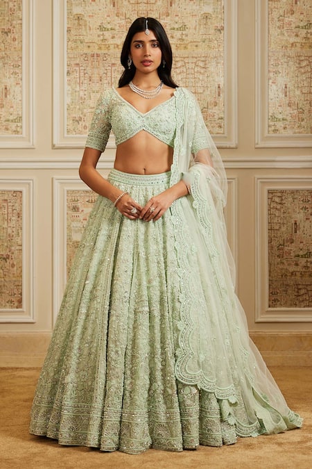 Roqa Green Net Embroidery, Sequins, Beads V-neck Tajira Sea Bridal Lehenga Set at Aza Fashions Roqa_Green Net Embroidery, Sequins, Beads V-neck Tajira Sea Bridal Lehenga Set _at_Aza_Fashions