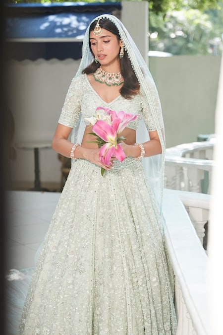 Buy Roqa Green Net Embroidery, Sequins, Beads V-neck Tajira Sea Bridal Lehenga Set Buy_Roqa_Green Net Embroidery, Sequins, Beads V-neck Tajira Sea Bridal Lehenga Set