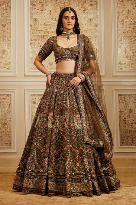 Roqa_Olive Green Net Embroidery, Sequins, Zari Scoop Reehana Bridal Lehenga Set _Online_at_Aza_Fashions