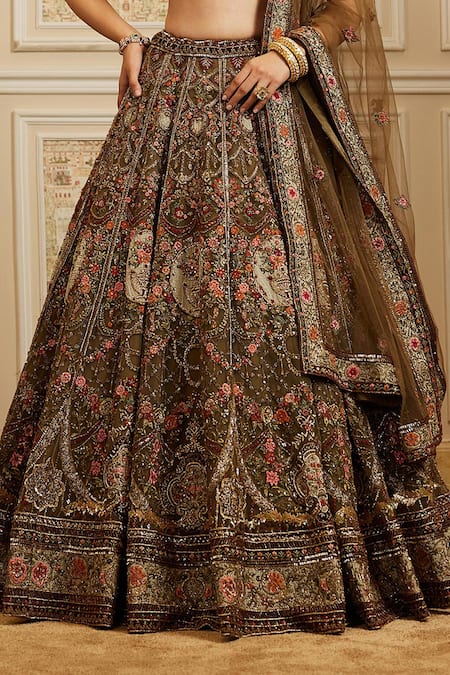 Shop_Roqa_Olive Green Net Embroidery, Sequins, Zari Scoop Reehana Bridal Lehenga Set _Online_at_Aza_Fashions