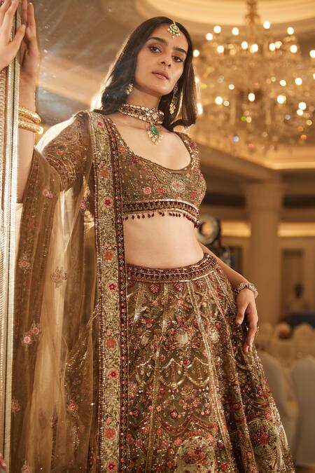 Roqa_Olive Green Net Embroidery, Sequins, Zari Scoop Reehana Bridal Lehenga Set _at_Aza_Fashions