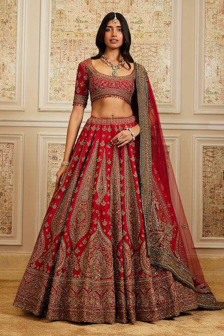 Roqa Red Silk, Net Zari, Sequins, Embroidery Scoop Neck Safira Bridal Lehenga Set 
