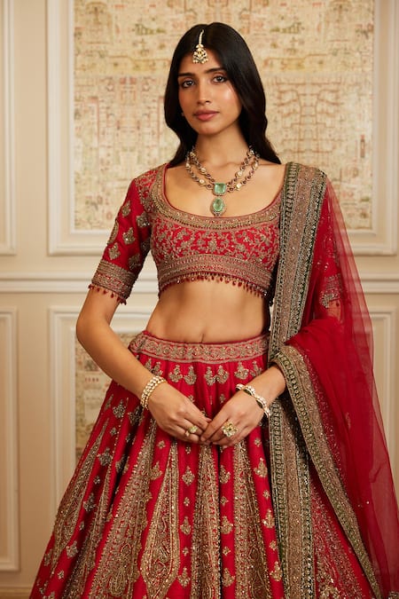 Roqa_Red Silk, Net Zari, Sequins, Embroidery Scoop Neck Safira Bridal Lehenga Set _Online_at_Aza_Fashions