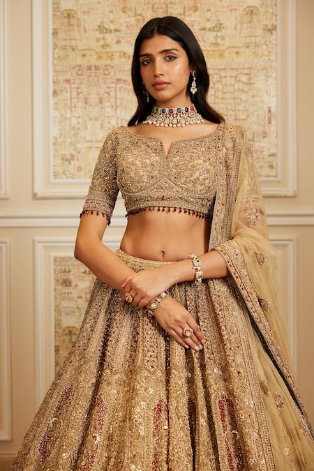 Roqa Gold Net Embroidery, Sequins, Zari, Beads Keyhole Nazeera Bridal Lehenga Set Online at Aza Fashions Roqa_Gold Net Embroidery, Sequins, Zari, Beads Keyhole Nazeera Bridal Lehenga Set _Online_at_Aza_Fashions
