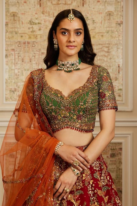 Roqa Red Net Embroidery, Sequins, Zari, Stones Sweetheart Rawdah Bridal Lehenga Set Online at Aza Fashions Roqa_Red Net Embroidery, Sequins, Zari, Stones Sweetheart Rawdah Bridal Lehenga Set _Online_at_Aza_Fashions