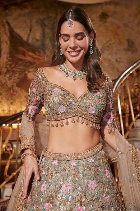 Roqa_Gold Net Embroidery, Zari, Sequins, Beads Sweetheart Yasira Bridal Lehenga Set _Online_at_Aza_Fashions