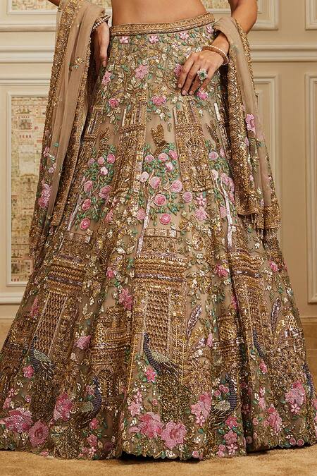 Shop_Roqa_Gold Net Embroidery, Zari, Sequins, Beads Sweetheart Yasira Bridal Lehenga Set _Online_at_Aza_Fashions