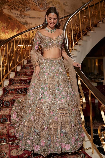 Roqa_Gold Net Embroidery, Zari, Sequins, Beads Sweetheart Yasira Bridal Lehenga Set _at_Aza_Fashions