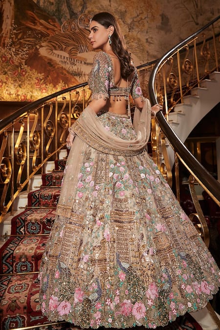 Buy_Roqa_Gold Net Embroidery, Zari, Sequins, Beads Sweetheart Yasira Bridal Lehenga Set 