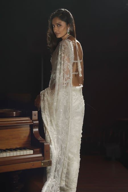 Seema Gujral Ivory Pearl Saree With Blouse 