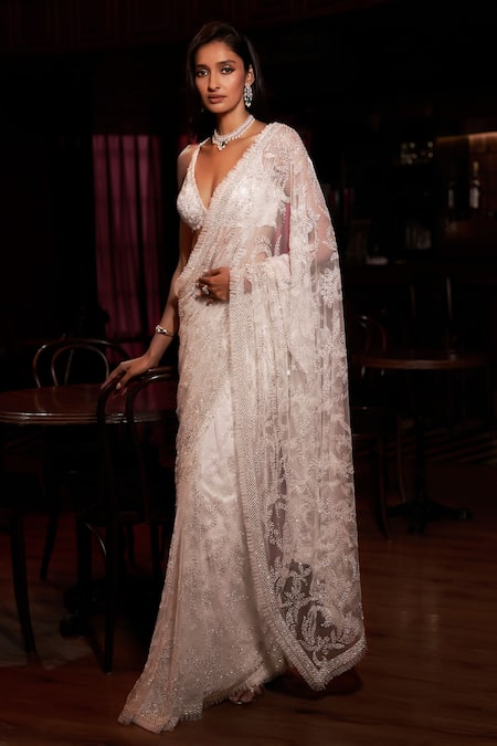 Seema Gujral Ivory Pearl Saree With Blouse 