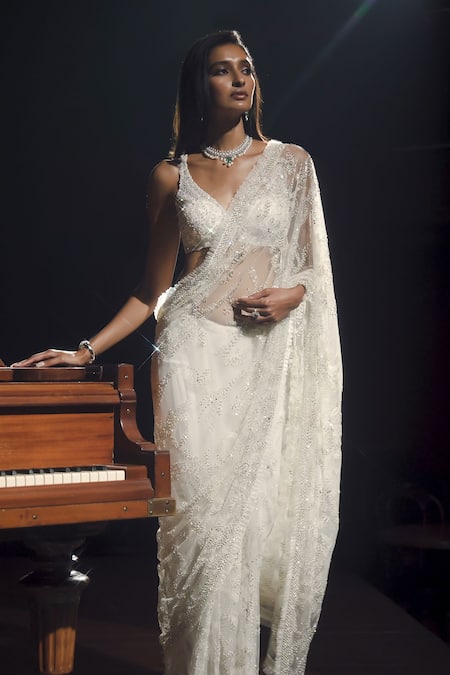 Buy_Seema Gujral_Ivory Net Pearls, Sequins V-neck Saree With Blouse _Online_at_Aza_Fashions