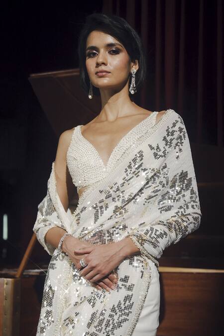 Buy_Seema Gujral_Ivory Georgette Sequins, Stones, Beads Gold Silver Work Saree With Blouse _Online_at_Aza_Fashions