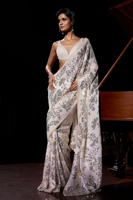 Seema Gujral Gold Silver Sequin Work Saree With Blouse 