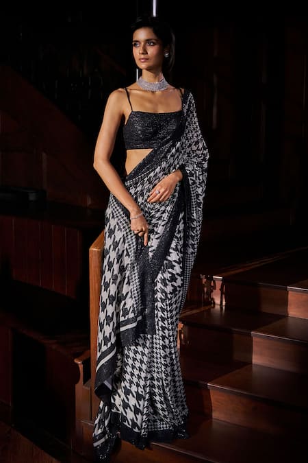 Seema Gujral Houndstooth Sequin Work Saree With Blouse 