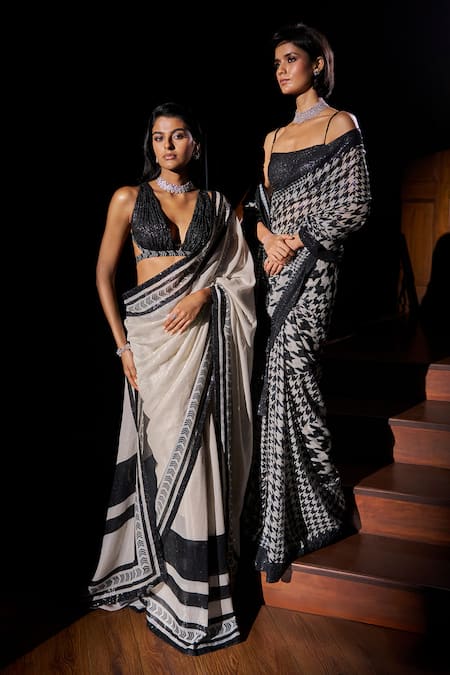 Seema Gujral_Black Georgette Sequins, Beads Square Neck Houndstooth Work Saree With Blouse _Online_at_Aza_Fashions