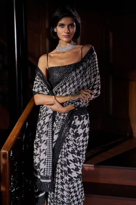 Buy_Seema Gujral_Black Georgette Sequins, Beads Square Neck Houndstooth Work Saree With Blouse _Online_at_Aza_Fashions