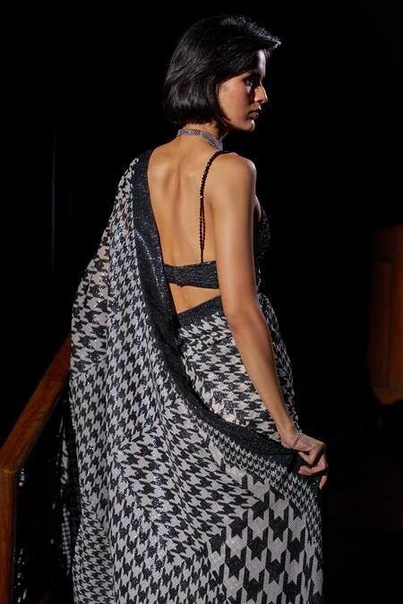 Buy_Seema Gujral_Black Georgette Sequins, Beads Square Neck Houndstooth Work Saree With Blouse 