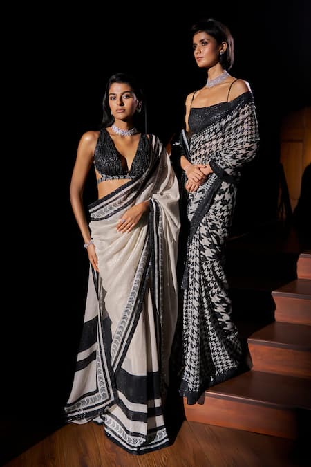 Buy_Seema Gujral_Off White Georgette Sequins V-neck Black And Work Saree With Blouse _Online_at_Aza_Fashions