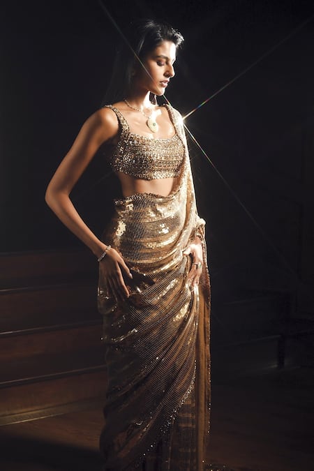 Buy_Seema Gujral_Gold Georgette Sequins, Embroidery Square Neck Work Saree With Blouse _Online_at_Aza_Fashions