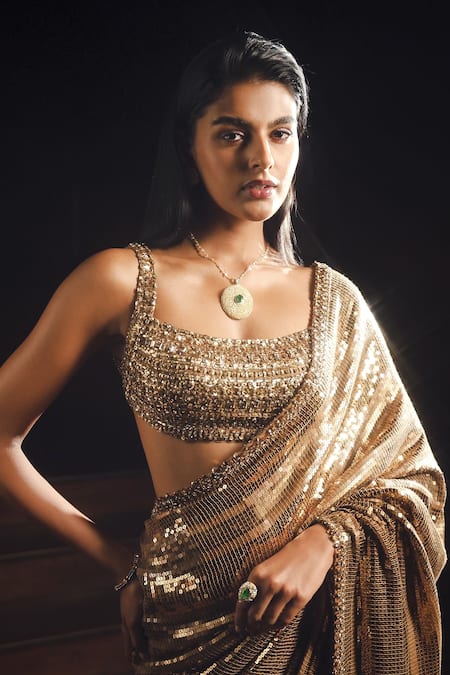 Shop_Seema Gujral_Gold Georgette Sequins, Embroidery Square Neck Work Saree With Blouse _Online_at_Aza_Fashions