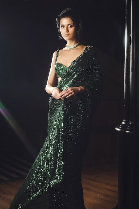Buy_Seema Gujral_Emerald Green Georgette Sequins, Embroidery Work Saree With Strappy Blouse _Online_at_Aza_Fashions