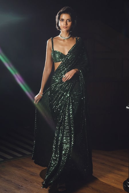 Shop_Seema Gujral_Emerald Green Georgette Sequins, Embroidery Work Saree With Strappy Blouse _Online_at_Aza_Fashions