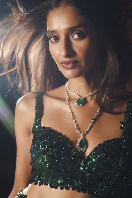 Shop_Seema Gujral_Emerald Green Georgette Sequins, Beads Sweetheart Ombre Work Saree With Blouse _Online_at_Aza_Fashions