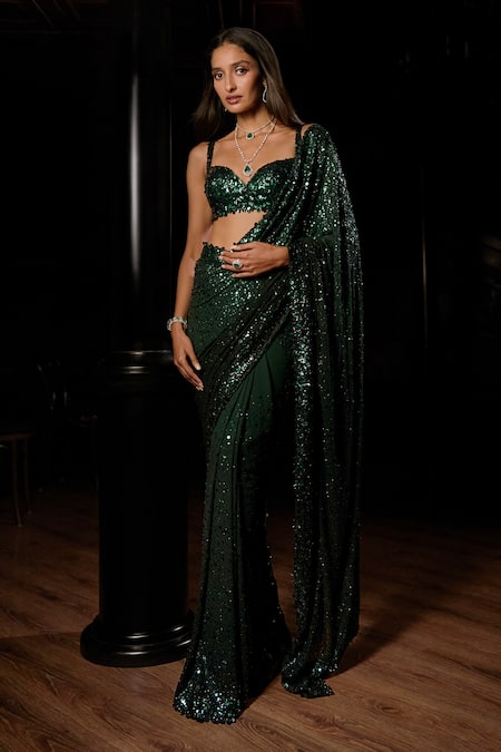 Seema Gujral_Emerald Green Georgette Sequins, Beads Sweetheart Ombre Work Saree With Blouse _at_Aza_Fashions