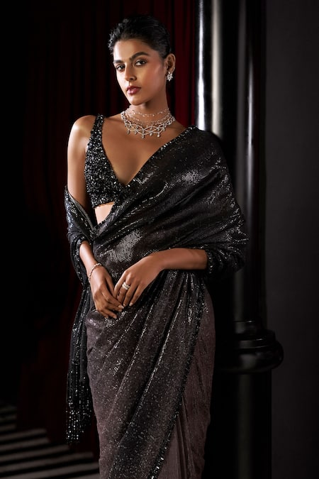 Seema Gujral_Brown Georgette Sequins, Zari, Embroidery Coffee Ombre Work Saree With Blouse _Online_at_Aza_Fashions