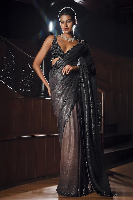 Seema Gujral Black Pre-Draped Georgette Saree With Blouse 