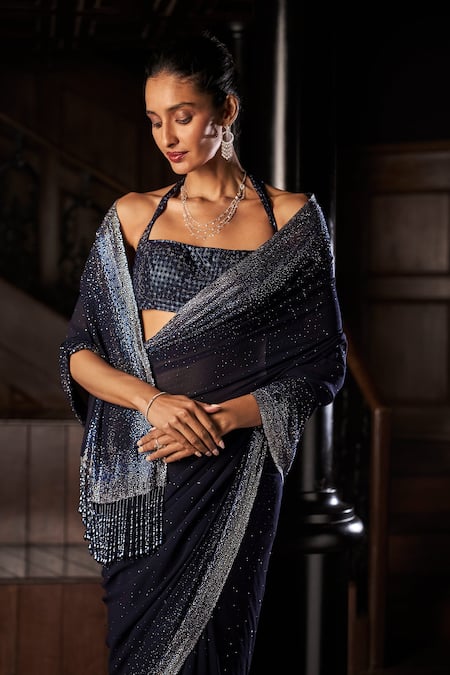 Buy_Seema Gujral_Blue Georgette Crystals, Tassels, Zari, Embroidery Navy Saree With Blouse _Online_at_Aza_Fashions