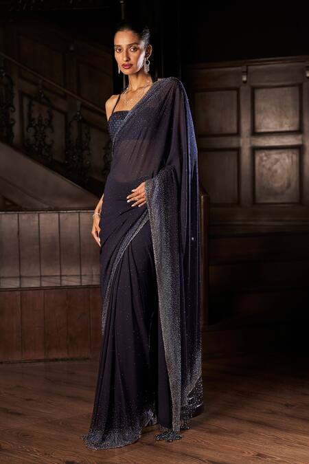 Shop_Seema Gujral_Blue Georgette Crystals, Tassels, Zari, Embroidery Navy Saree With Blouse _Online_at_Aza_Fashions