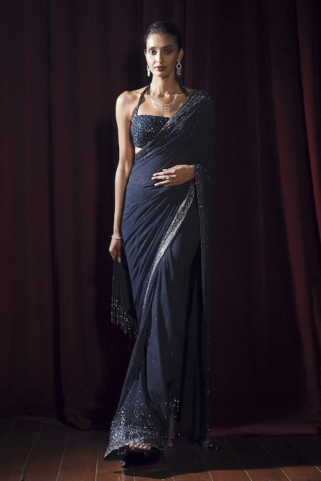 Seema Gujral Navy Blue Crystal Georgette Saree With Blouse 