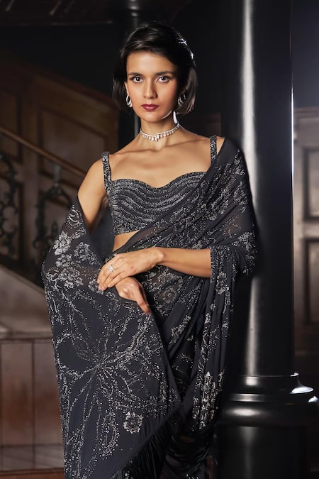 Seema Gujral_Blue Georgette Crystals, Fringe, Embroidery Sweetheart Steel Saree With Blouse _at_Aza_Fashions