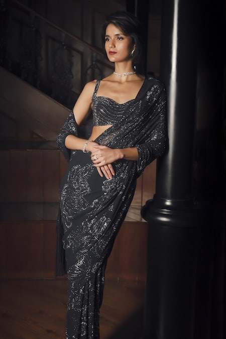 Buy_Seema Gujral_Blue Georgette Crystals, Fringe, Embroidery Sweetheart Steel Saree With Blouse 